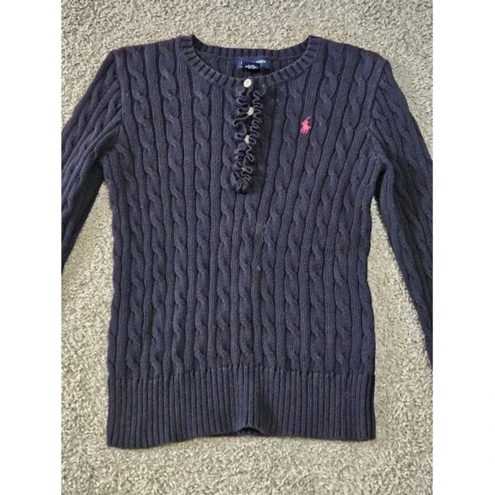 Ralph Lauren Cable Knit Ruffle Button Sweater Girl Size Large Navy Blue Cotton